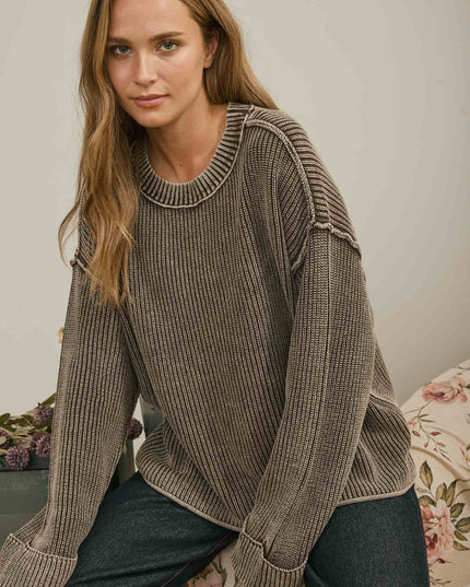 WASHED RIBBED LONG SLEEVE FOLDED CUFF KNIT SWEATER