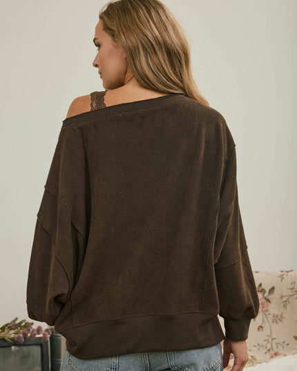 TIERED SLEEVE BOAT NECK EXPOSED SEAM KNIT TOP