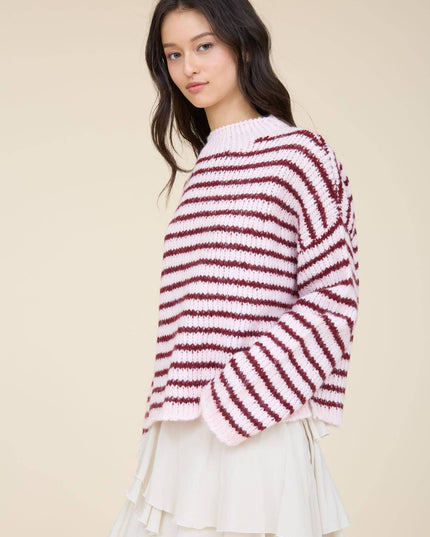 STRIPE ROLLED EDGE DETAIL LONG SLEEVE KNIT SWEATER