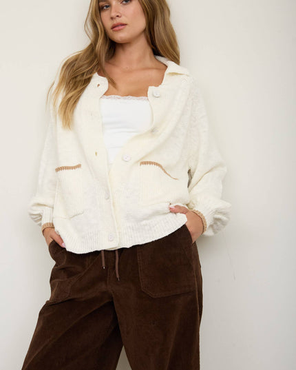 COLLARED BUTTON DOWN BACK PUPPY JACQUARD CARDIGAN