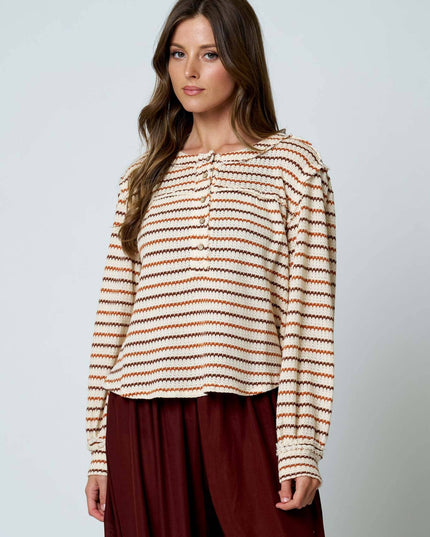 MULTICOLOR STRIPE LONG SLEEVE YOKE DETAIL KNIT TOP