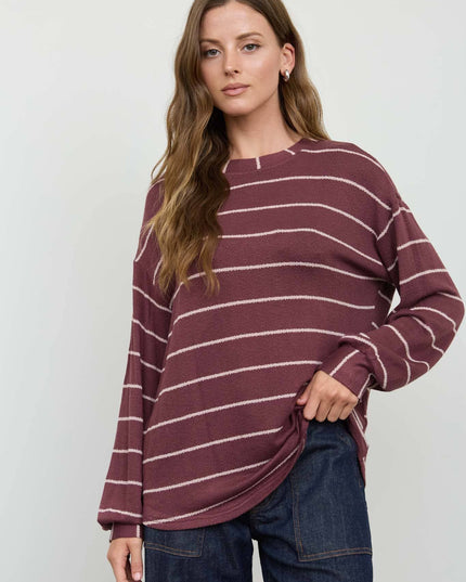STRIPE LONG SLEEVE CUFFED RELAXED KNIT TOP