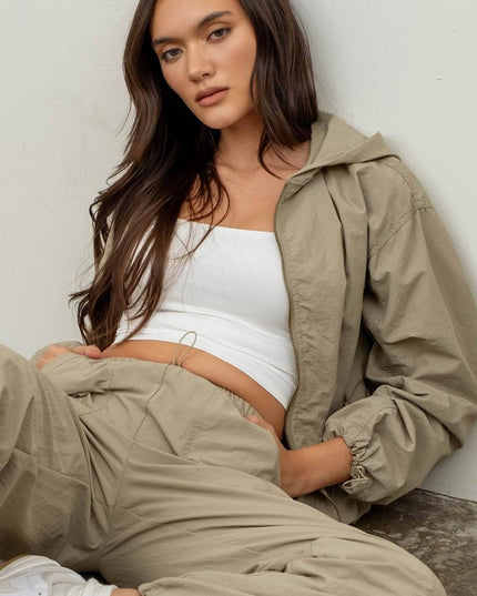 ZIP UP DRAWSTRING HOODED JACKET