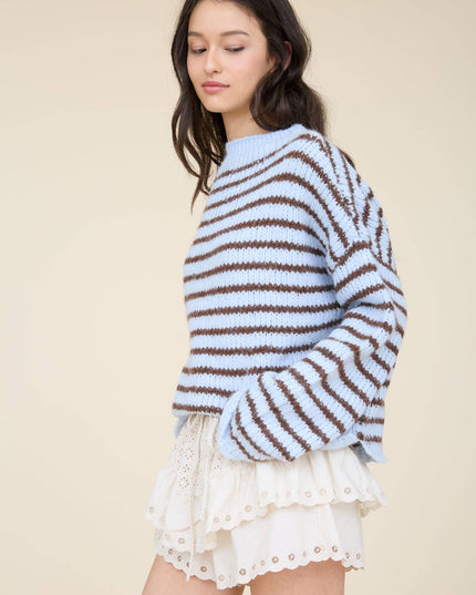 STRIPE ROLLED EDGE DETAIL LONG SLEEVE KNIT SWEATER