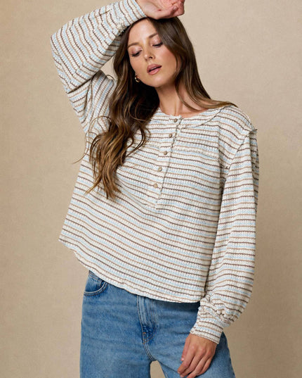 MULTICOLOR STRIPE LONG SLEEVE YOKE DETAIL KNIT TOP