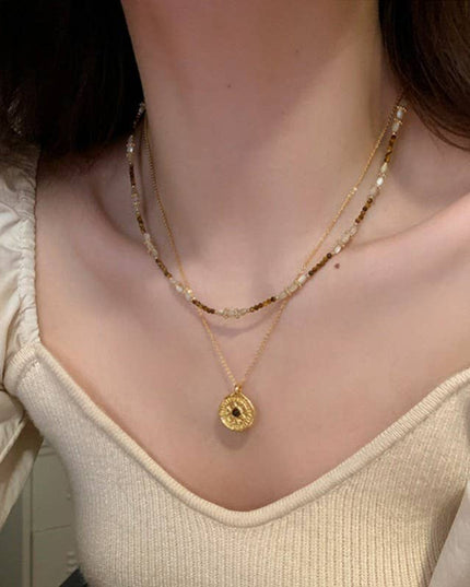 MULTI LAYER BEADED CHAIN COIN CHARM NECKLACE | 40NK9622