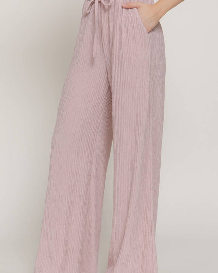 Waistband with String Crinkle Knit Long Pants
