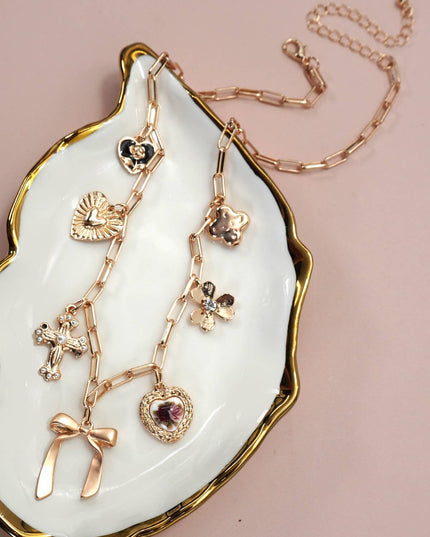 CHARM NECKLACE-PORCELAIN FLORAL BOW CROSS HEART | 80N92151