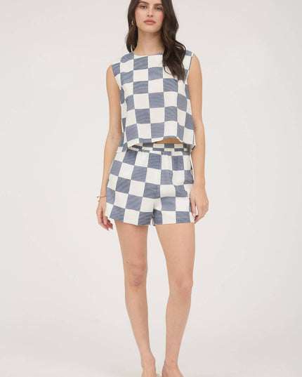 CHECKERED SLEEVELESS LINEN CROP TOP
