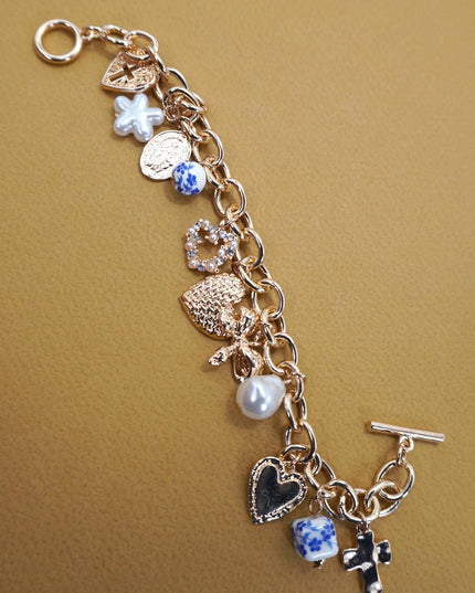 CERAMIC PORCELAIN HEART BOW PEARL CHARM BRACELET | 80B1342