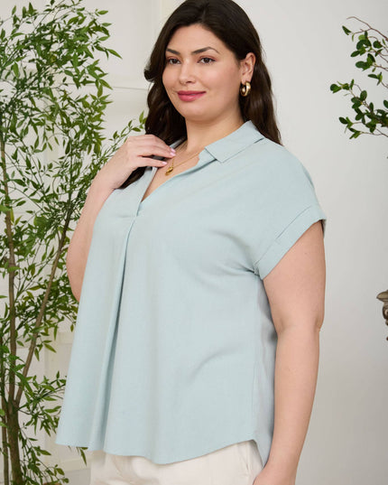 PLUS COLLARED SPLIT NECK CUFF SLEEVE LINEN TOP