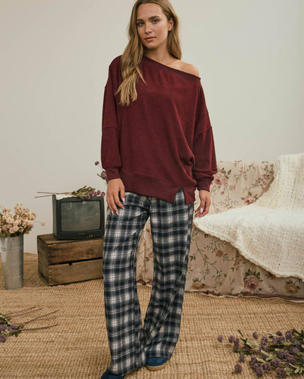 TIERED SLEEVE BOAT NECK EXPOSED SEAM KNIT TOP