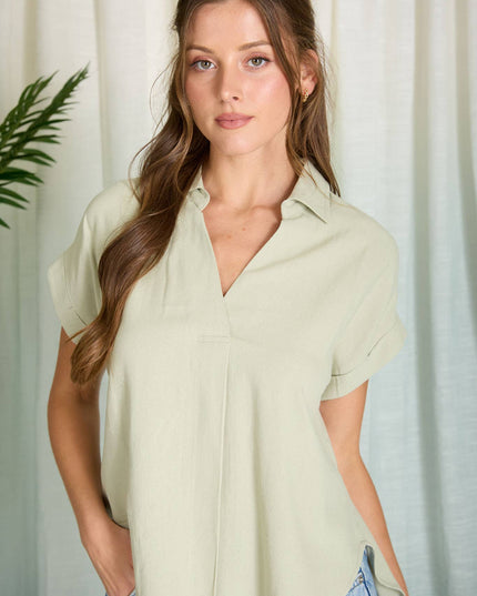 COLLARED SPLIT NECK CUFF SLEEVE U HEM LINEN TOP
