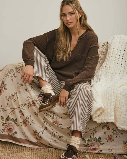 SPLIT NECK RAW EDGE LONG SLEEVE RIBBED KNIT TOP