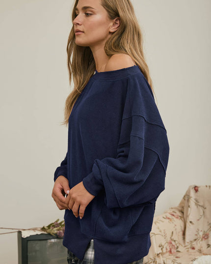 TIERED SLEEVE BOAT NECK EXPOSED SEAM KNIT TOP