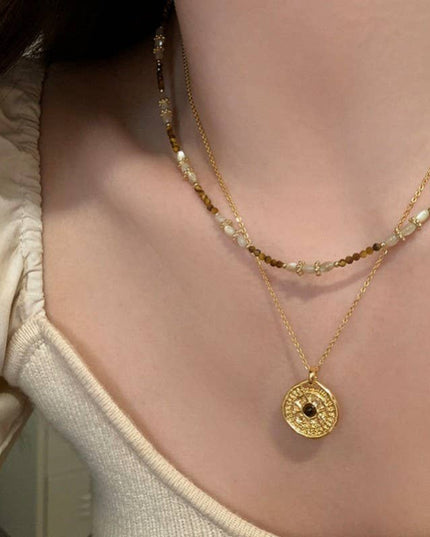 MULTI LAYER BEADED CHAIN COIN CHARM NECKLACE | 40NK9622
