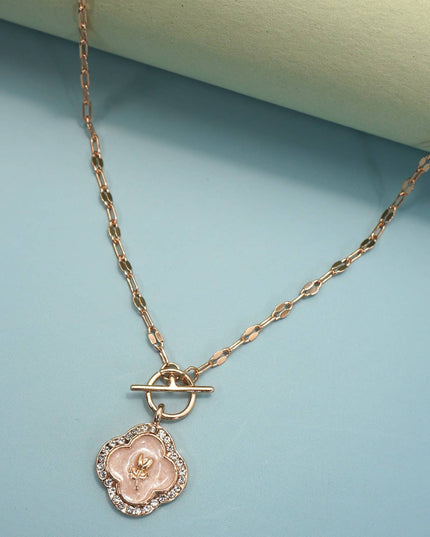 RHINESTONE ROSE FLOWER PEARL CHARM TOGGLE NECKLACE | 80N9201