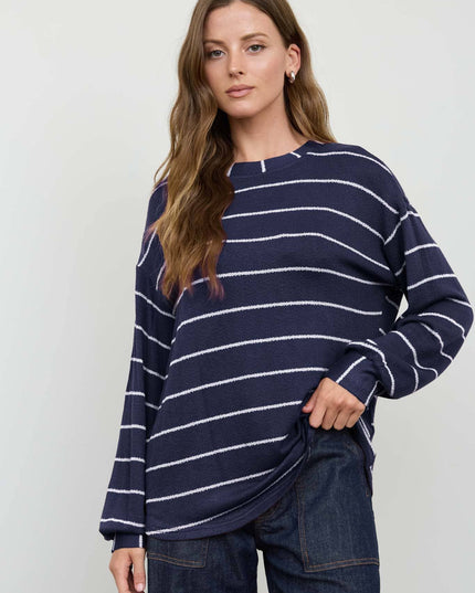STRIPE LONG SLEEVE CUFFED RELAXED KNIT TOP