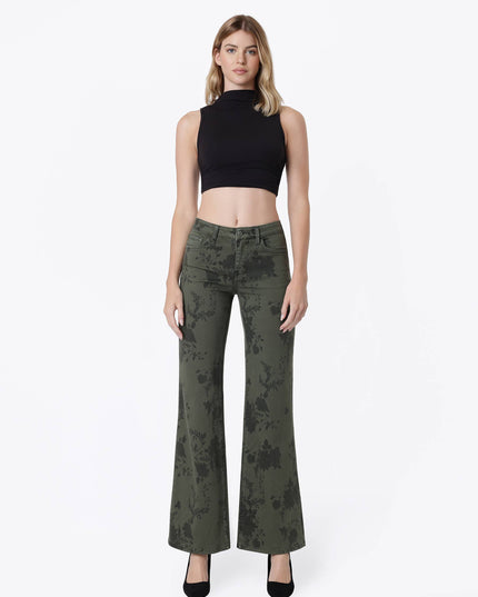 MID RISE GREEN FLORAL PRINT VINTAGE FLARE JEANS T7588GEN