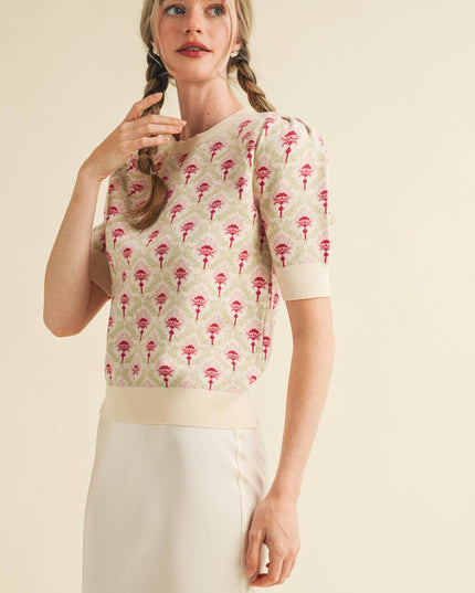 FLORAL PATTERN SHORT SLEEVE SWEATER MSW10860