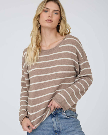 STRIPE TEXTURED RAW EDGE LONG SLEEVE KNIT SWEATER