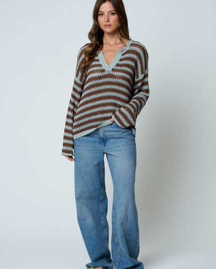 STRIPE RAW EDGE SPLIT NECK SHEER KNIT SWEATER