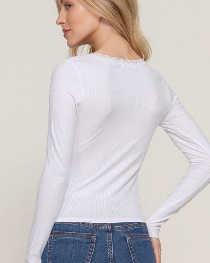 Long Sleeve Scoop Neck with Lace Trim Rib Knit Top