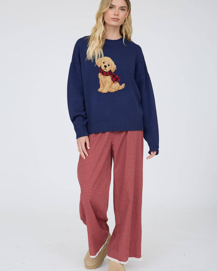 INTARSIA PUPPY CREW NECK RELAXED SWEATER