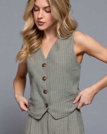 V-Neckline Front Button Closure Linen Effect Vest