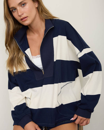 WIDE STRIPE HALF ZIP LONG SLEEVE KNIT TOP