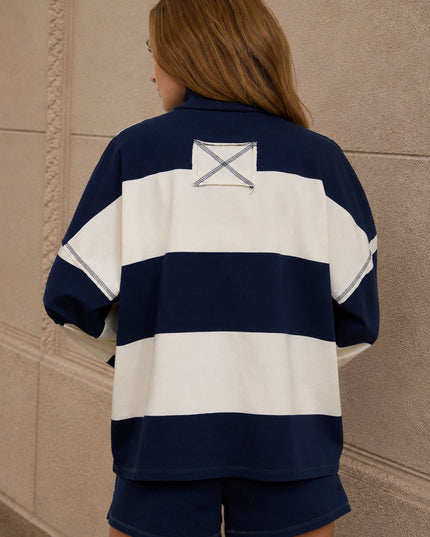 WIDE STRIPE HALF ZIP LONG SLEEVE KNIT TOP