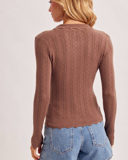 BUTTON DOWN SCALLOPED HEM KNIT SWEATER TOP