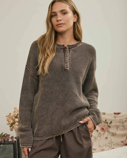 WASHED RIBBED HENLEY DROP SHOULDER KNIT SWEATER