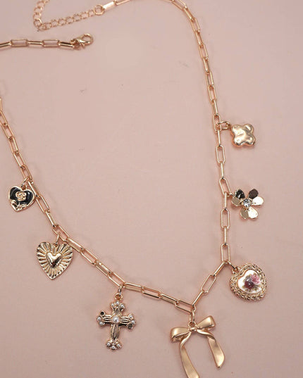 CHARM NECKLACE-PORCELAIN FLORAL BOW CROSS HEART | 80N92151
