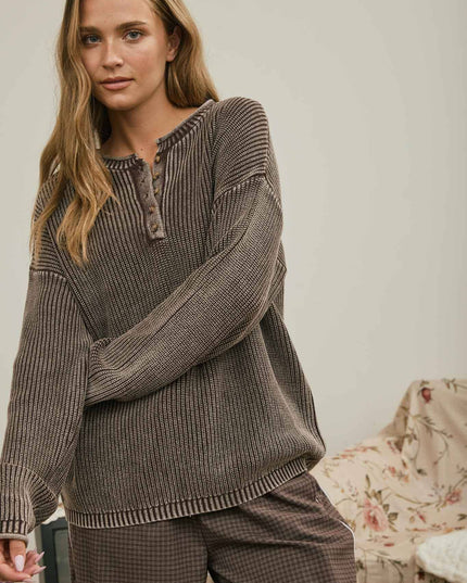 WASHED RIBBED HENLEY DROP SHOULDER KNIT SWEATER