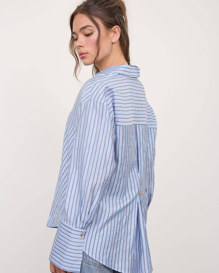 STRIPE COLLARED BACK BUTTON DETAIL LONG SLEEVE TOP