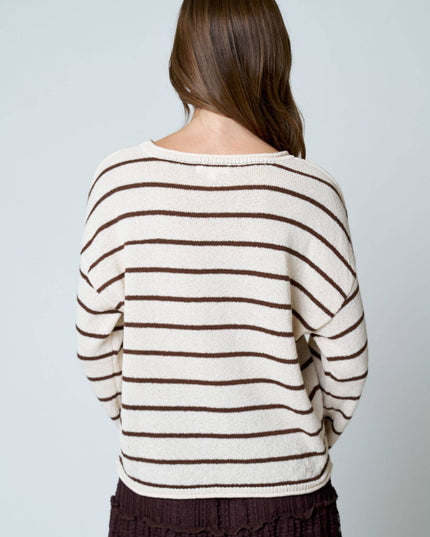 STRIPE TEXTURED RAW EDGE LONG SLEEVE KNIT SWEATER