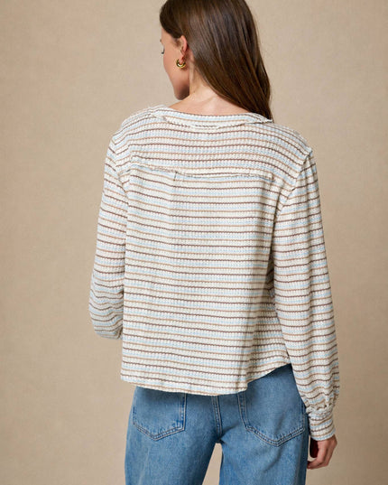 MULTICOLOR STRIPE LONG SLEEVE YOKE DETAIL KNIT TOP