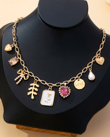 Romantic Pink Heart & Bow Multi-Charm Necklace | 80N93409