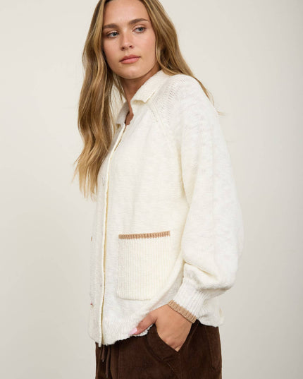 COLLARED BUTTON DOWN BACK PUPPY JACQUARD CARDIGAN
