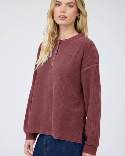 HENLEY RIBBED BOXY LONG SLEEVE WASHED KNIT TOP