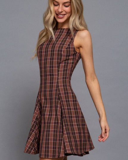 Sleeveless Boat Neck Swing Plaid Woven Mini Dress
