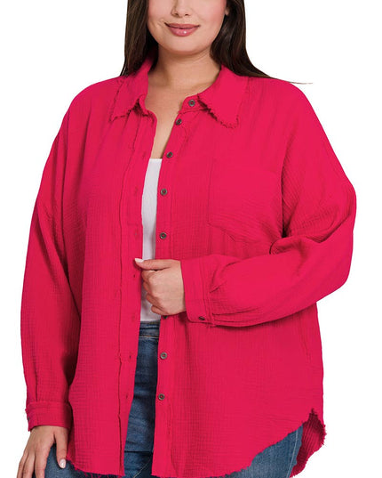 `Plus Oversized Raw Edge Shirt SI-23811 Zenana