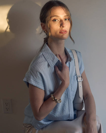 PINSTRIPE SHORT SLEEVE COLLARED SHIRT