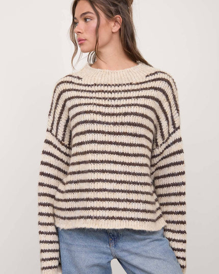 STRIPE ROLLED EDGE DETAIL LONG SLEEVE KNIT SWEATER