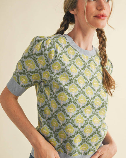 FLORAL PATTERN SHORT SLEEVE SWEATER MSW10860