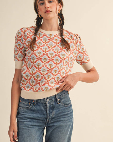 FLORAL PATTERN SHORT SLEEVE SWEATER MSW10860