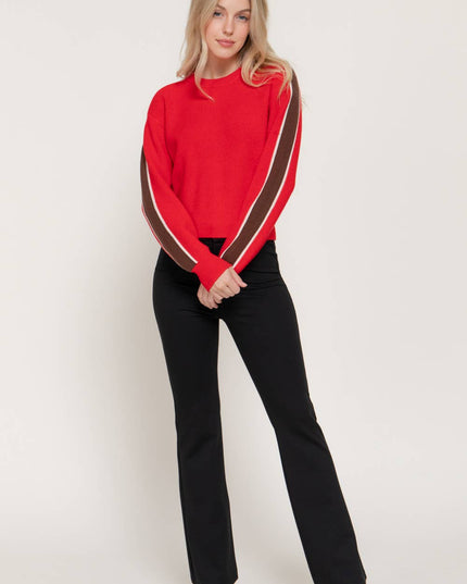 Long Sleeve Round Neck Sleeve Line Detail Sweater