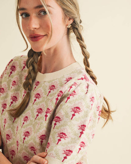 FLORAL PATTERN SHORT SLEEVE SWEATER MSW10860