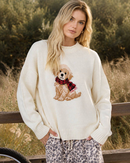 INTARSIA PUPPY CREW NECK RELAXED SWEATER